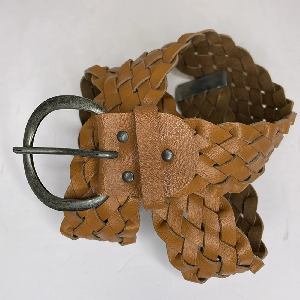 Woven Chunky Belt Brown Vegan Leather Rounded Buckle